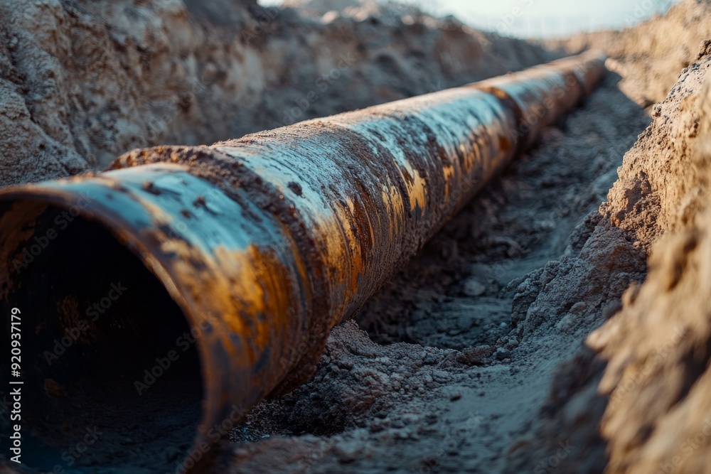An aged, rusted metal pipe lies in a trench, surrounded by dirty debris, clearly showing signs of deterioration from years of environmental exposure An aged, rusted metal pipe lies in a trench, surrounded by dirty debris, clearly showing signs of deterioration from years of environmental exposure