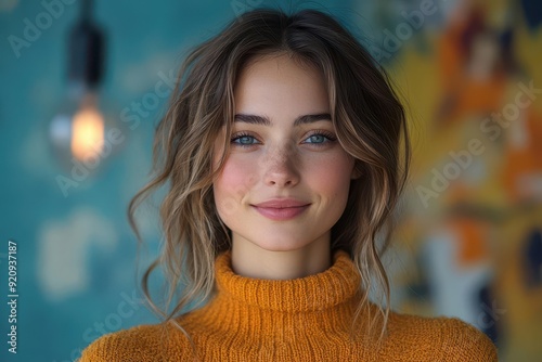 radiant young woman with a genuine smile standing confidently against a vibrant solidcolor backdrop exuding positivity and approachability in casualchic attire photo