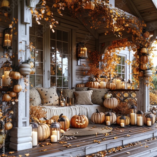 Enchanting Autumn Ambiance: A Cozy Porch Decorated with Candles and Pumpkins