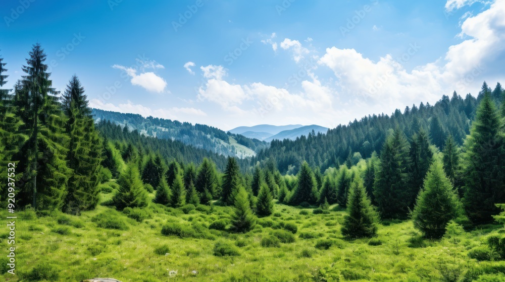 A lush green forest with tall evergreen trees and a blue sky with fluffy white clouds in the background. A lush green forest with tall evergreen trees and a blue sky with fluffy white clouds in the background.