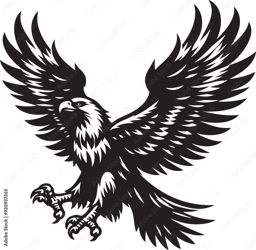 Obraz premium A powerful eagle silhouette in flight, wings spread wide with sharp, defined lines, symbolizing freedom and strength.