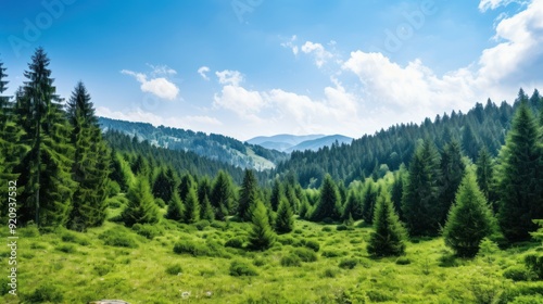 A lush green forest with tall evergreen trees and a blue sky with fluffy white clouds in the background.