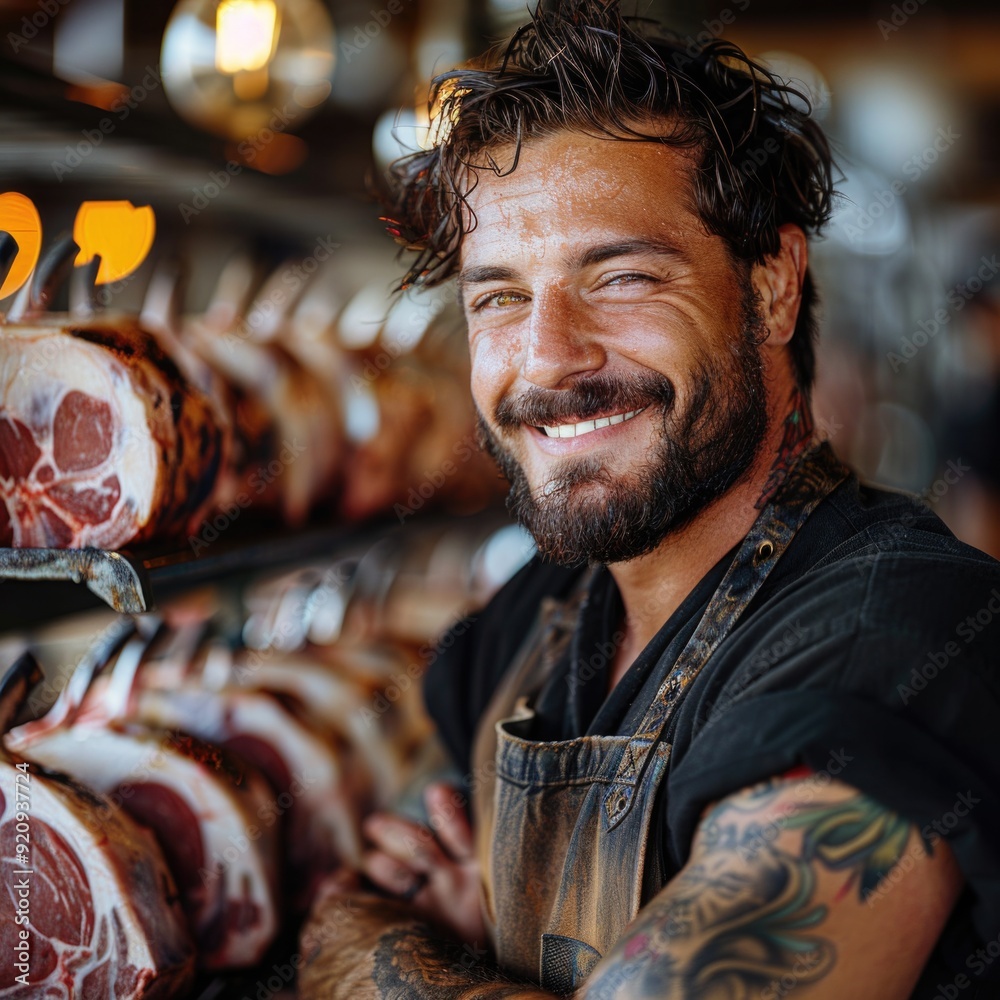 Experienced Butcher in Uniform with Beard, Tattoo, Smiling by Fresh Meat Racks: Generative AI Experienced Butcher in Uniform with Beard, Tattoo, Smiling by Fresh Meat Racks: Generative AI