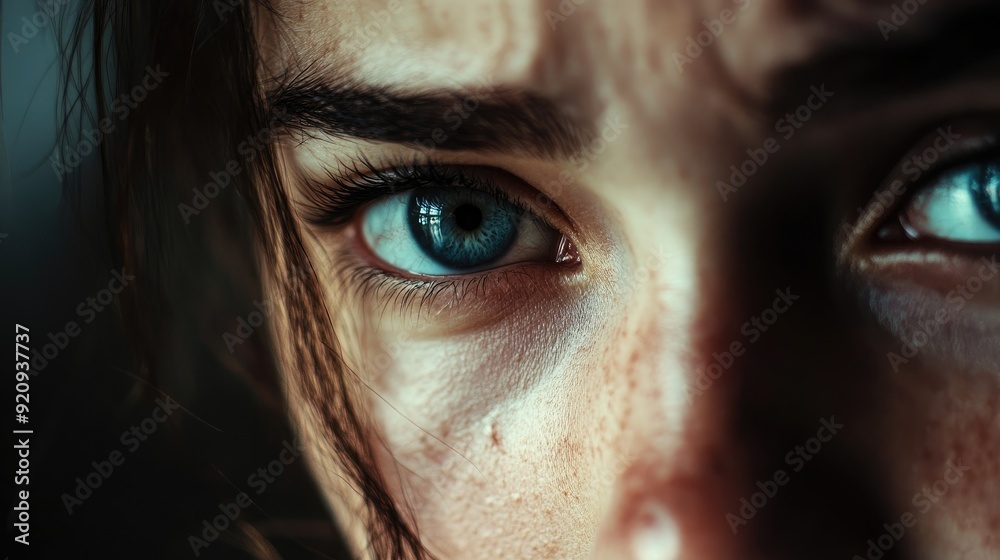 Close-up of a woman's face, showing deep sadness in her eyes, capturing a moment of emotional vulnerability. Close-up of a woman's face, showing deep sadness in her eyes, capturing a moment of emotional vulnerability.