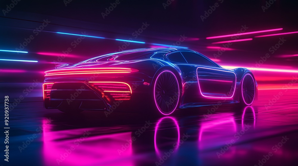 Illuminated Velocity. Car with vibrant neon light lines on a dark background concept Illuminated Velocity. Car with vibrant neon light lines on a dark background concept