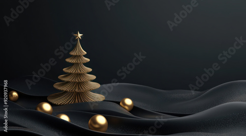 Christmas background with golden Christmas tree, golden balls on black background for seasonal greeting cards and New Year celebration