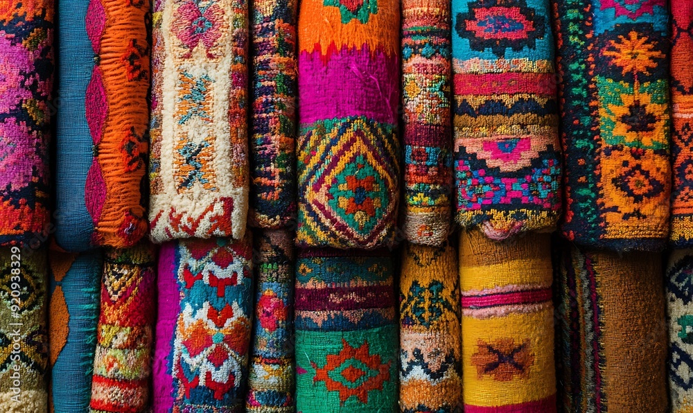 Detailed Shot of Andean Textile from Peru with Vibrant Colors and Complex Patterns Detailed Shot of Andean Textile from Peru with Vibrant Colors and Complex Patterns