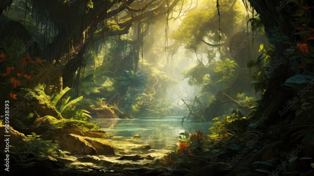 A mystical jungle stream flows through a dense canopy of green foliage with sunlight filtering through the leaves and illuminating the water. A mystical jungle stream flows through a dense canopy of green foliage with sunlight filtering through the leaves and illuminating the water.