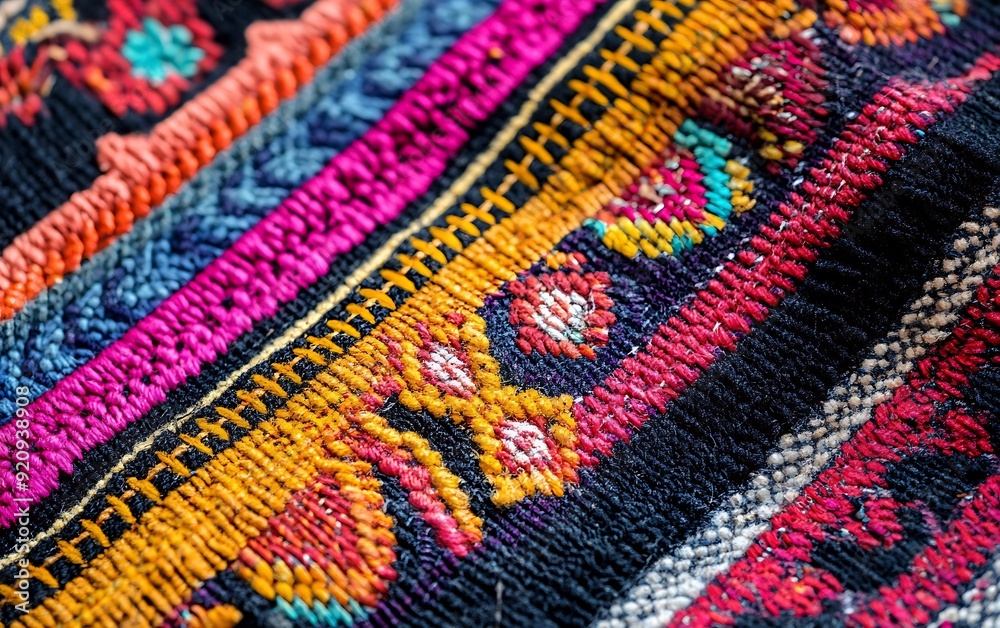 Close-Up of Woven Textile from Southeast Asia with Intricate Patterns and Vivid Colors Close-Up of Woven Textile from Southeast Asia with Intricate Patterns and Vivid Colors