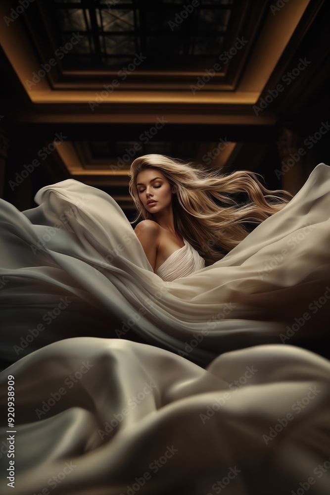 Elegant Woman in Flowing White Dress with Long Blonde Hair in Luxurious Setting Elegant Woman in Flowing White Dress with Long Blonde Hair in Luxurious Setting