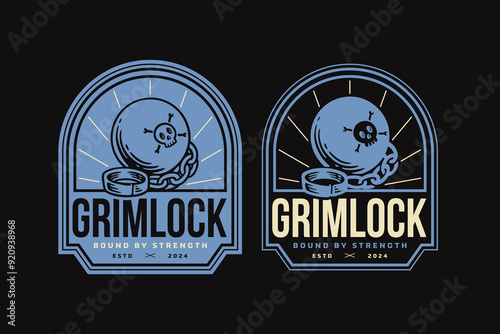 Prison ball and chain leg shackles retro badge logo design for sailors, cruises, pirate and journey. Pirate leg cuffs, fetter, steel cuffs shackles emblem logo collection for wanderlust and adventure