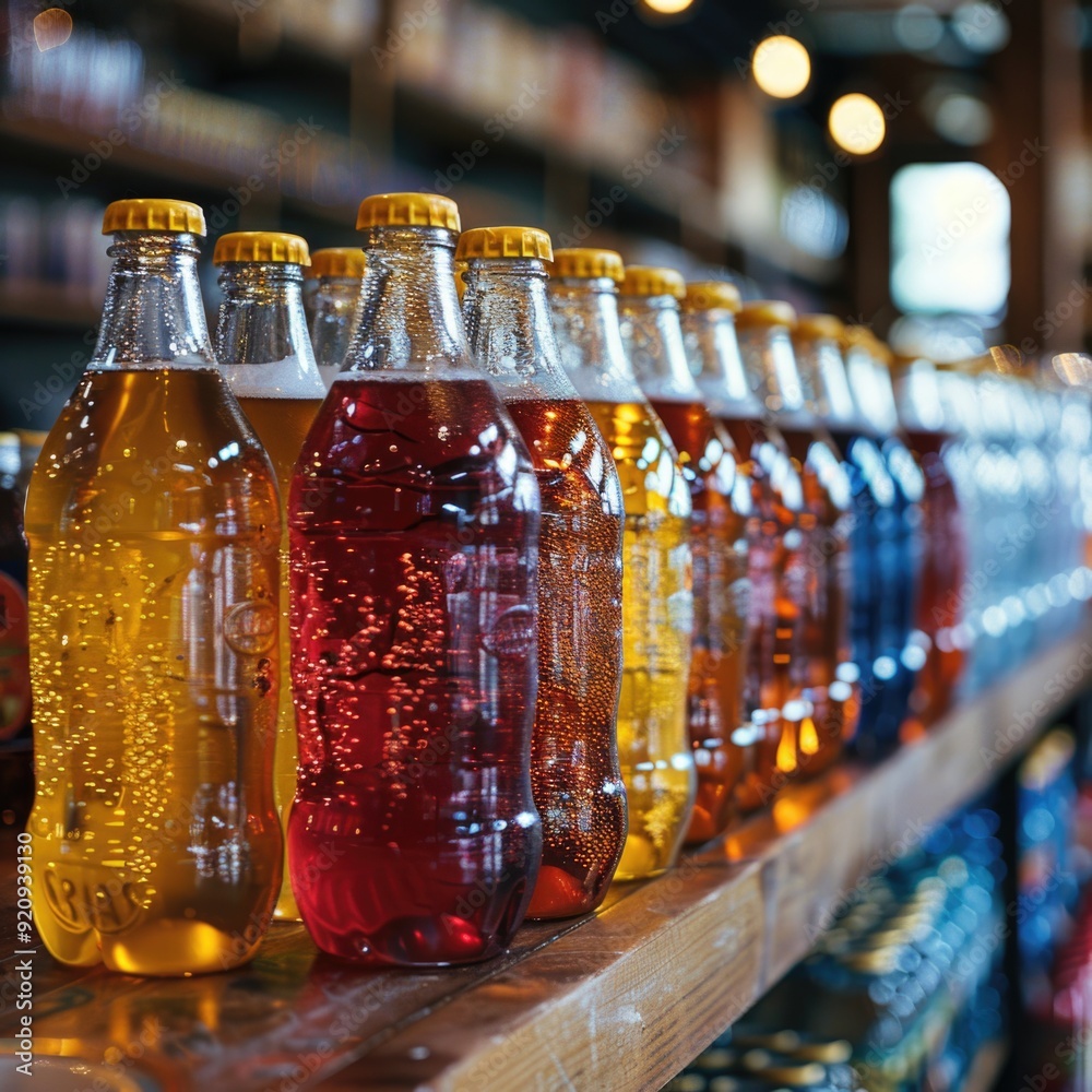 Assorted Beverages Display: Soda, Water Bottles Arranged on Shelf in Grocery Store