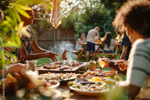 Summer backyard barbecue party with friends gathered and food on barbecue grill