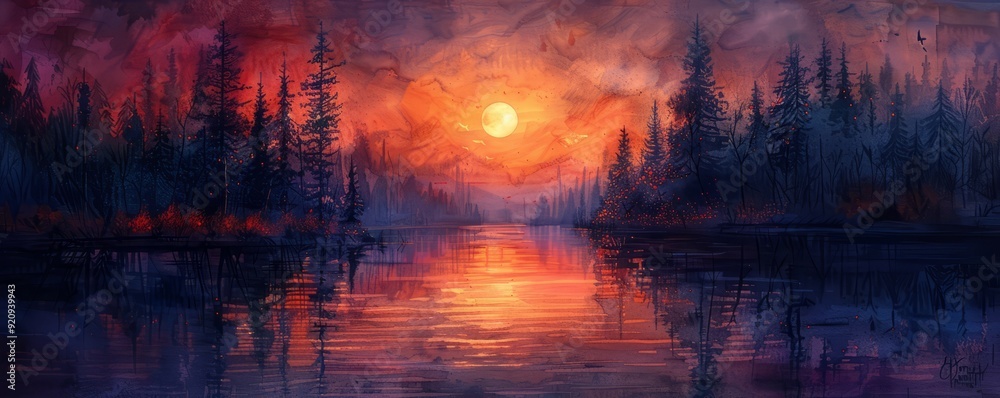 Abstract twilight over a serene river in watercolor. Abstract twilight over a serene river in watercolor.