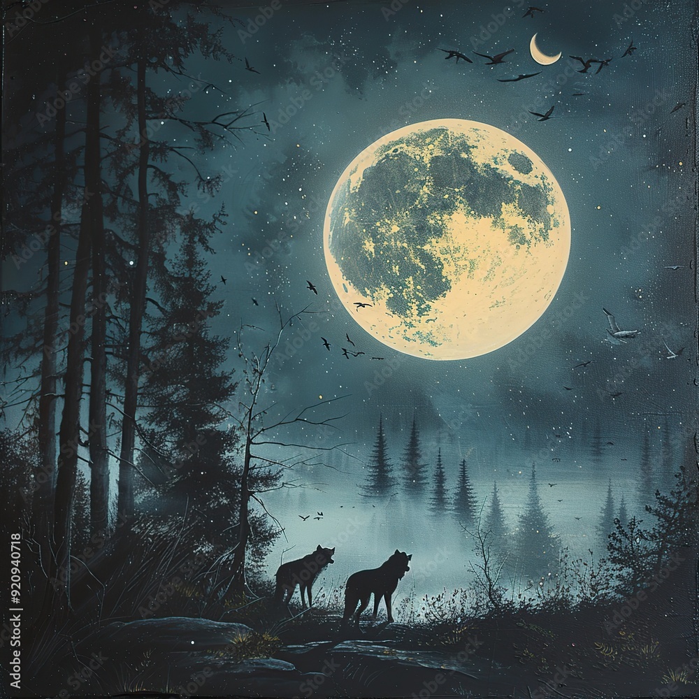 Naklejka premium Wolves Howling in the Distance Under a Full Moon in the Forest