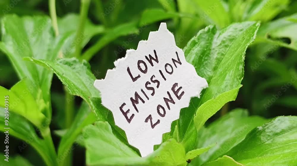 Low emission zone text warning signage isolated with a blurred green natural background to reduce carbon gas emissions polluting the environment and nature. Co2 neutral and decarbonisation concept.