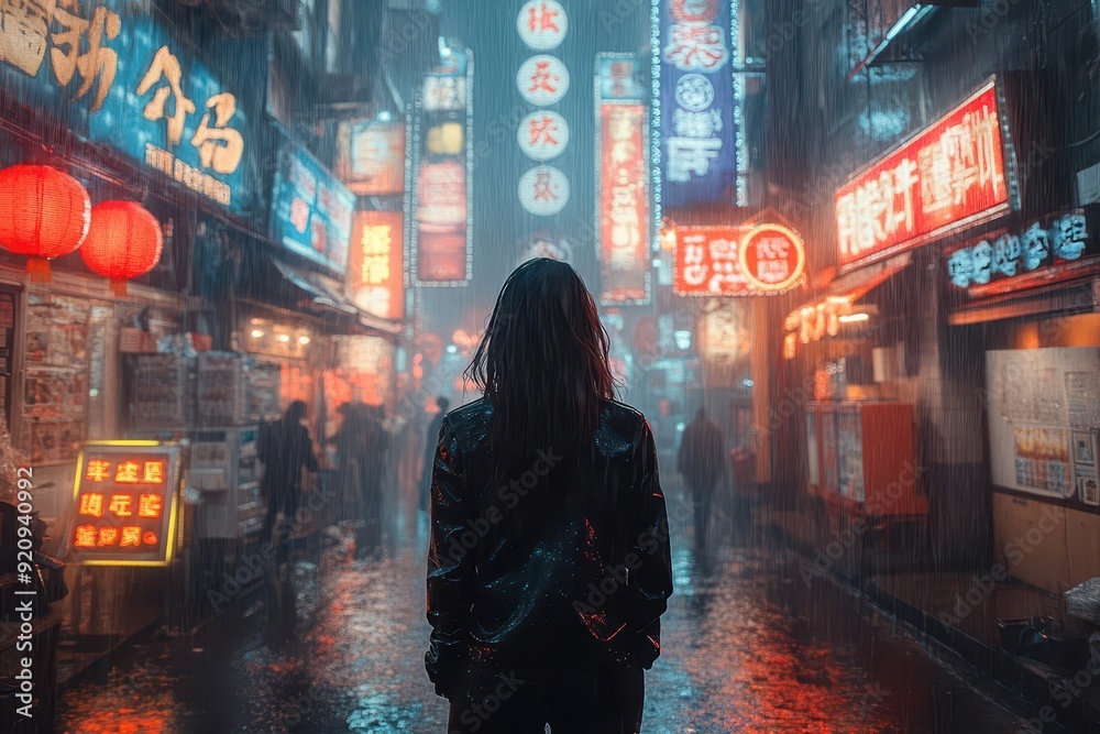 urban night scene neonlit alley rainslicked streets model in edgy black outfit cyberpunk atmosphere urban night scene neonlit alley rainslicked streets model in edgy black outfit cyberpunk atmosphere