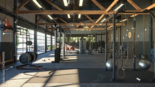 A 3D visualization of a crossfit gym, featuring rigs, ropes, kettlebells, and functional fitness equipment.