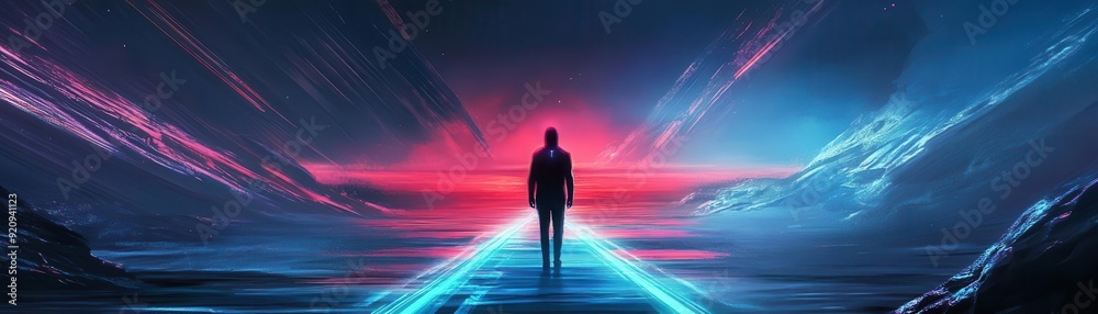 A leader showing the way on a futuristic path, sleek design, neon blue highlights, cool tones, digital art, high resolution A leader showing the way on a futuristic path, sleek design, neon blue highlights, cool tones, digital art, high resolution