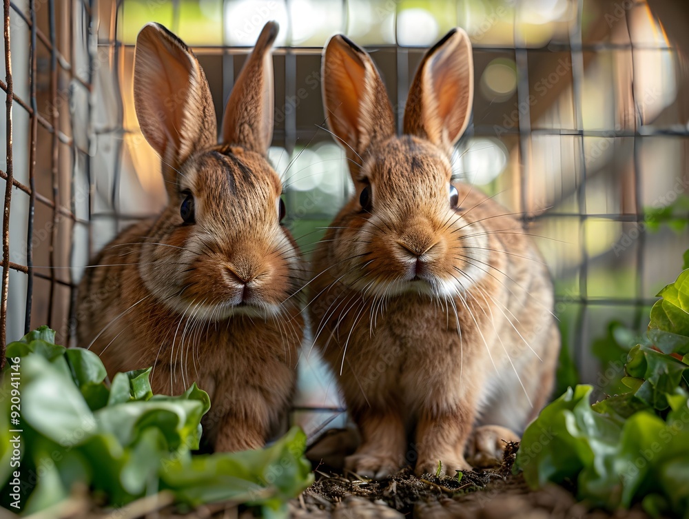 Fototapeta premium Two playful rabbits exploring their green enclosure in a sunny backyard garden