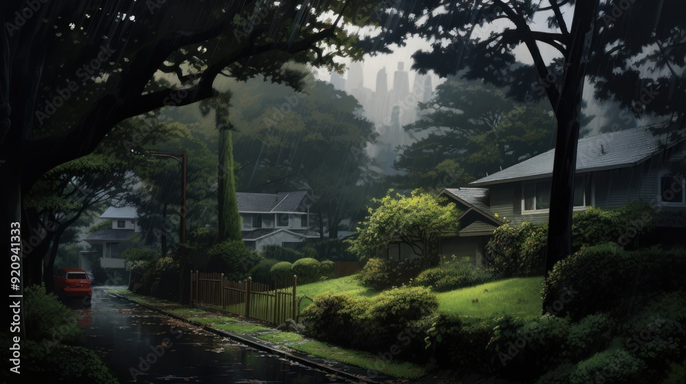 A rainy day in the suburbs, with a red car driving past houses with green lawns. A rainy day in the suburbs, with a red car driving past houses with green lawns.