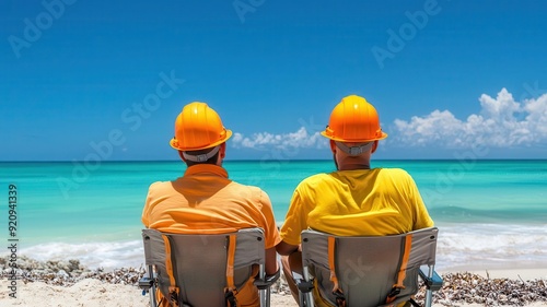 Factory workers relaxing at a beach, Labor Day, well-deserved break