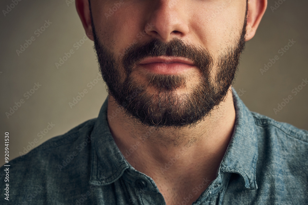 Obraz premium Beard, man and mouth on studio background for hair care, style and daily routine. Male person, grooming and lips on face in closeup with confidence, natural treatment or facial growth or dermatology