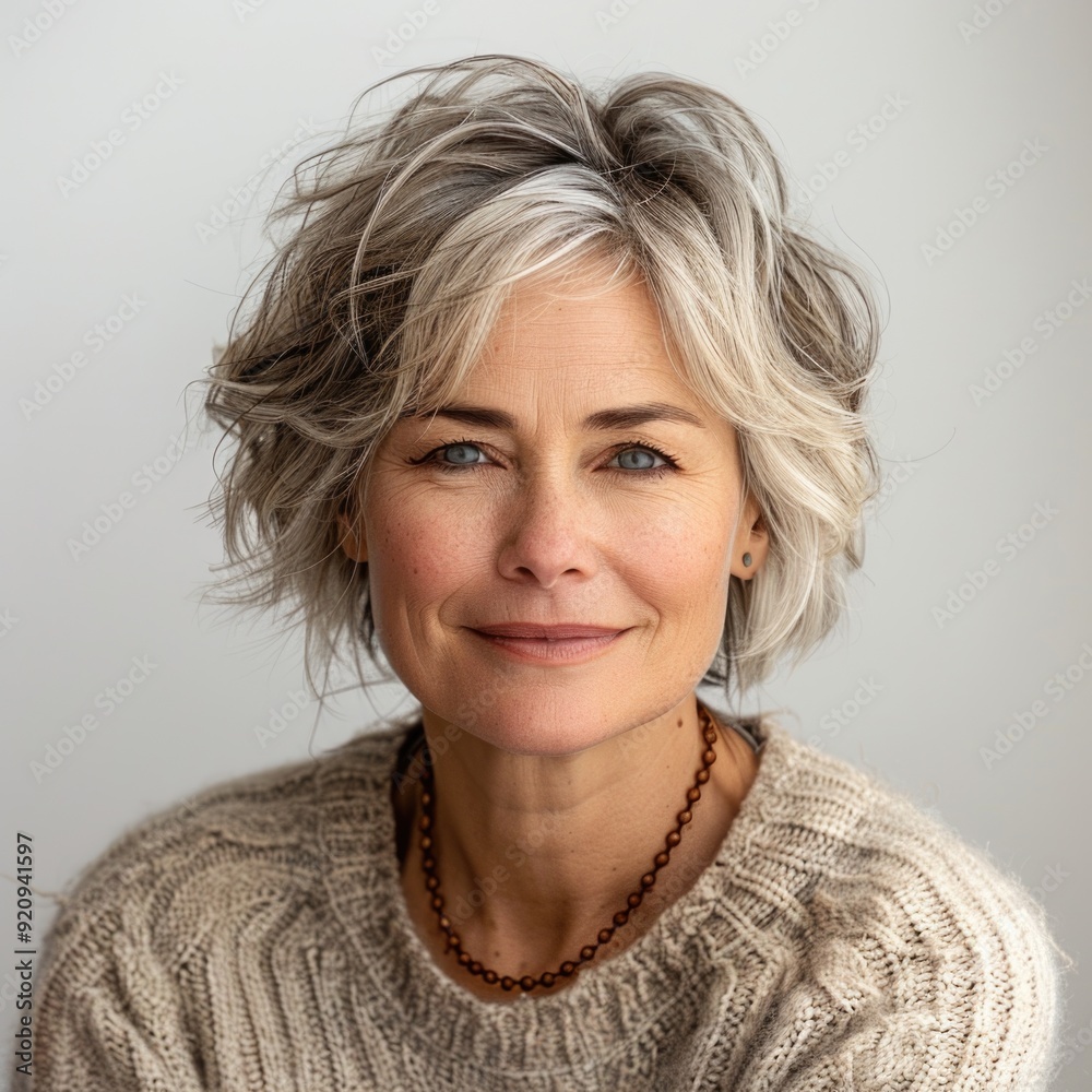 Cheerful senior woman with short hair in stylish sweater, smiling against white background Cheerful senior woman with short hair in stylish sweater, smiling against white background