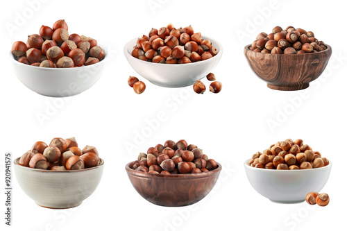 Six Bowls Filled with Hazelnut Nuts