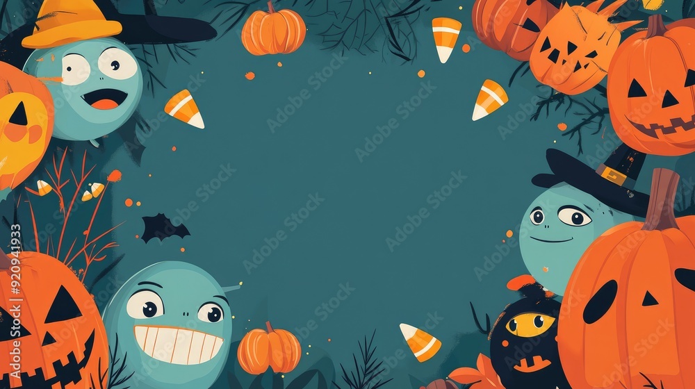 Whimsical Halloween cartoon featuring friendly monsters, candy corn, and pumpkins, with a designated area in the middle for your text. Whimsical Halloween cartoon featuring friendly monsters, candy corn, and pumpkins, with a designated area in the middle for your text.