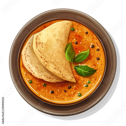 A bowl of creamy curry with two pieces of flatbread and basil leaves. photo