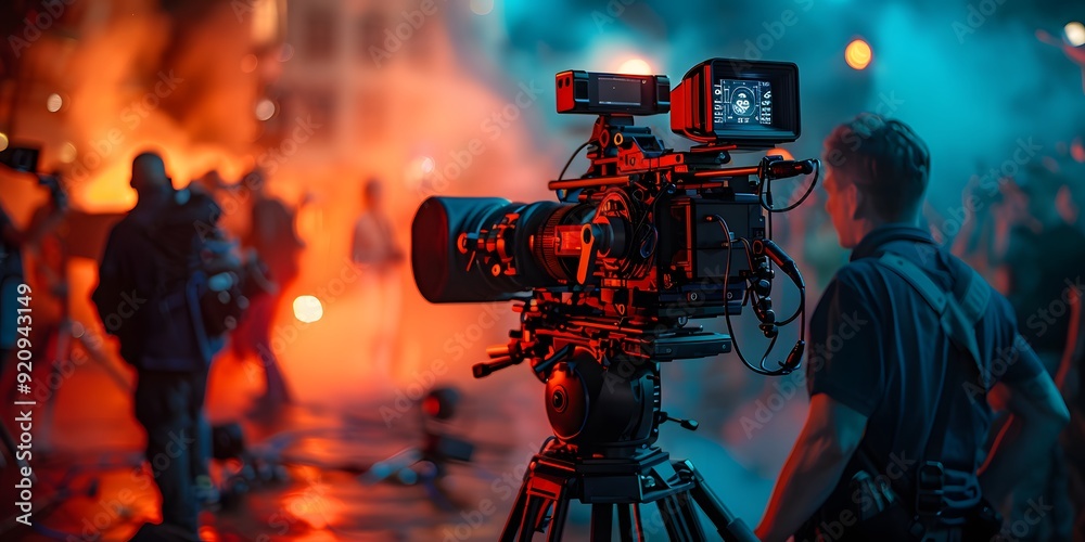 Film Camera and Lighting Effects on a Movie Set, Capturing the Essence of Cinematic Production Film Camera and Lighting Effects on a Movie Set, Capturing the Essence of Cinematic Production