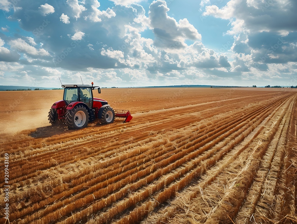 Fototapeta premium Tractor plowing a golden wheat field under a bright blue sky during late afternoon