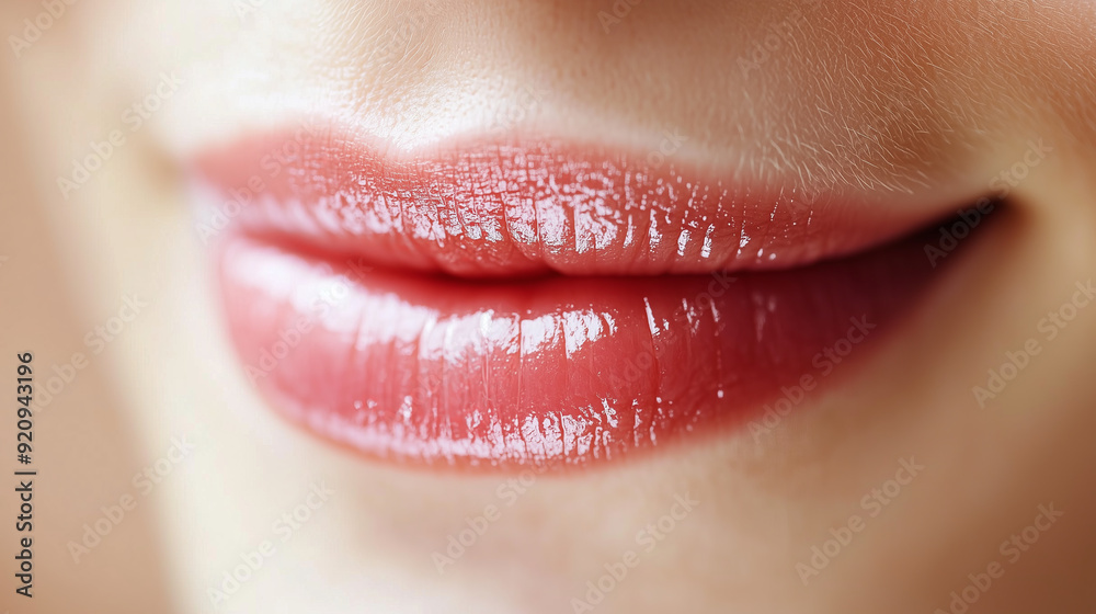 Fototapeta premium Close-up of woman's soft, pink lips with gloss. ..