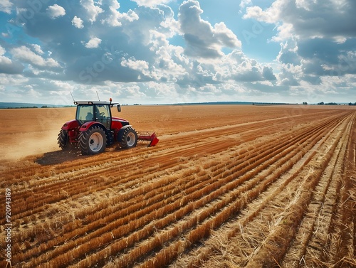 Tractor plowing a golden wheat field under a bright blue sky during late afternoon