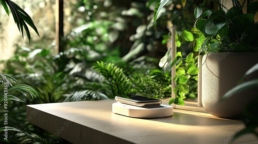 Wireless charging station with sleek modern design, seamlessly integrated into a natural, plant-filled environment. Perfect for eco-conscious homes blending technology and greenery Wireless charging station with sleek modern design, seamlessly integrated into a natural, plant-filled environment. Perfect for eco-conscious homes blending technology and greenery
