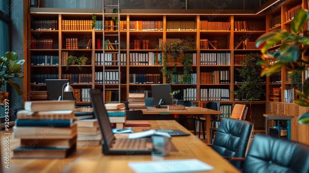 A business office with a professional library, stocked with industry-related books and resources. A business office with a professional library, stocked with industry-related books and resources.