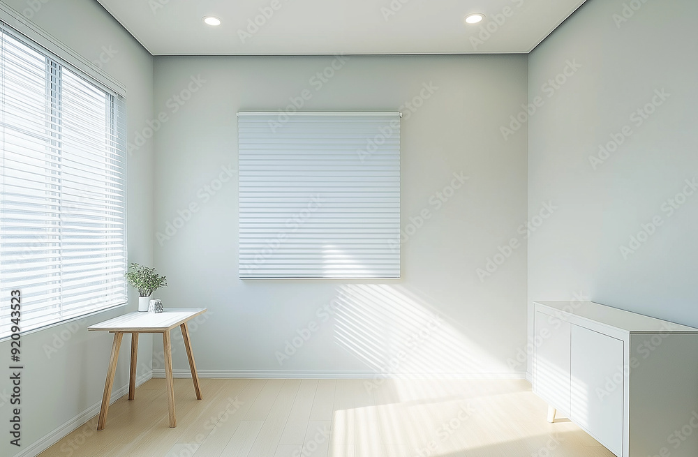 Fototapeta premium a living room with a white window and a white shelf with a plant on it