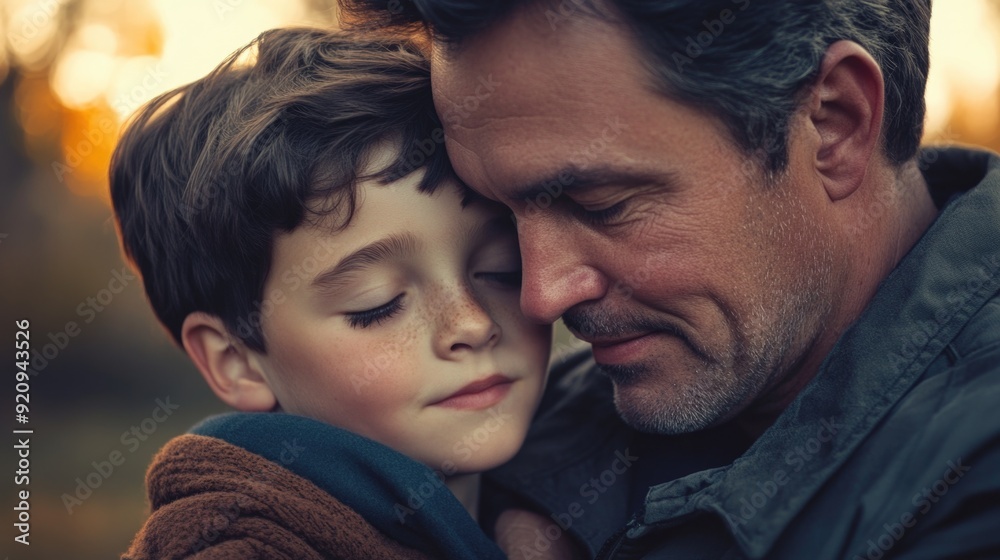 Loving Embrace, Father and Son in the Woods at Dusk Loving Embrace, Father and Son in the Woods at Dusk