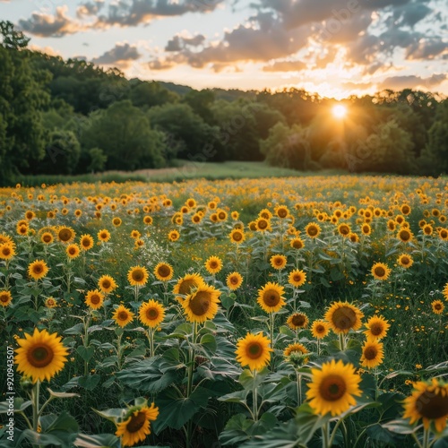 Dawn's Embrace: Capturing Sunlit Sunflowers in a Rural Landscape at Daybreak photo