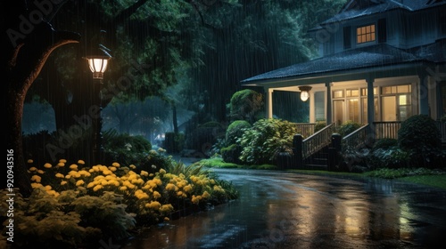 A rainy night scene with a lit porch of a house and a street lamp casting a warm glow.