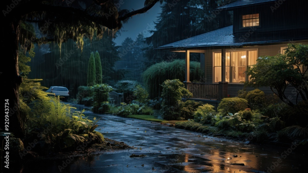 Obraz premium A rainy night with a house and a driveway.