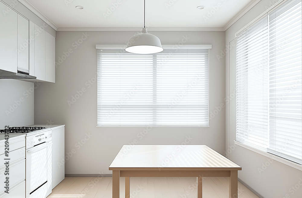 a kitchen with a table and a table with a lamp on it a kitchen with a table and a table with a lamp on it