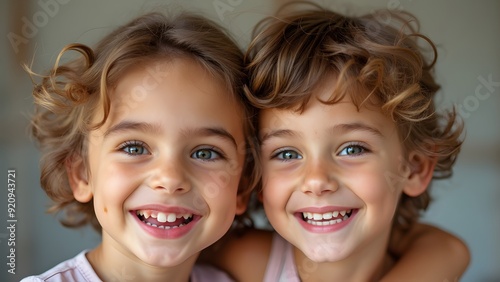 Smiling Young Siblings Embracing Indoors with Bright Eyes and Curly Hair