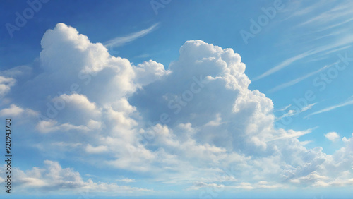 A bright deep blue sky, with large, billowy white clouds slowly passing by.
