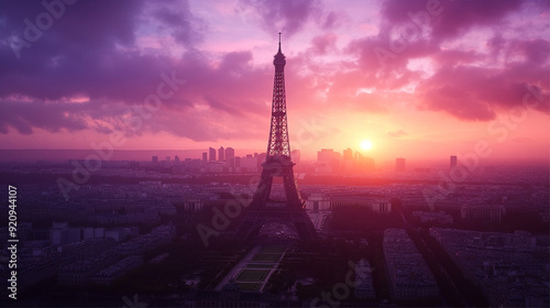 The Eiffel Tower at sunset in Paris, France, Europe