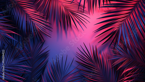 Modern layout installed with tropical colorful plants forest glow in the dark background. Stylized as futuristic art.
