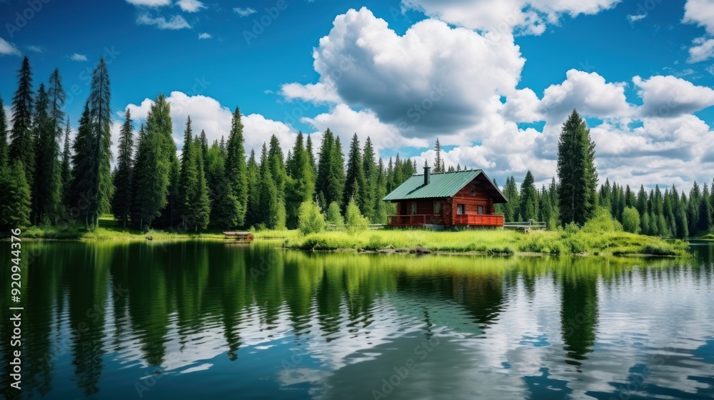 Fototapeta premium A red cabin with a green roof sits on the edge of a still lake in a forest of tall pine trees.