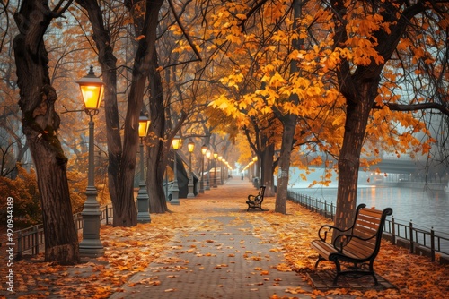 Empty benches waiting in deserted autumn park at sunset