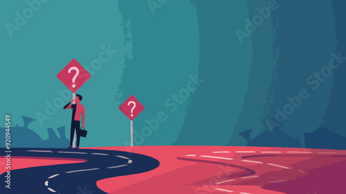 flat design BigBusiness decision making, career path, choose the right way to success concept, confusing businessman looking at multiple road sign with question 
 photo